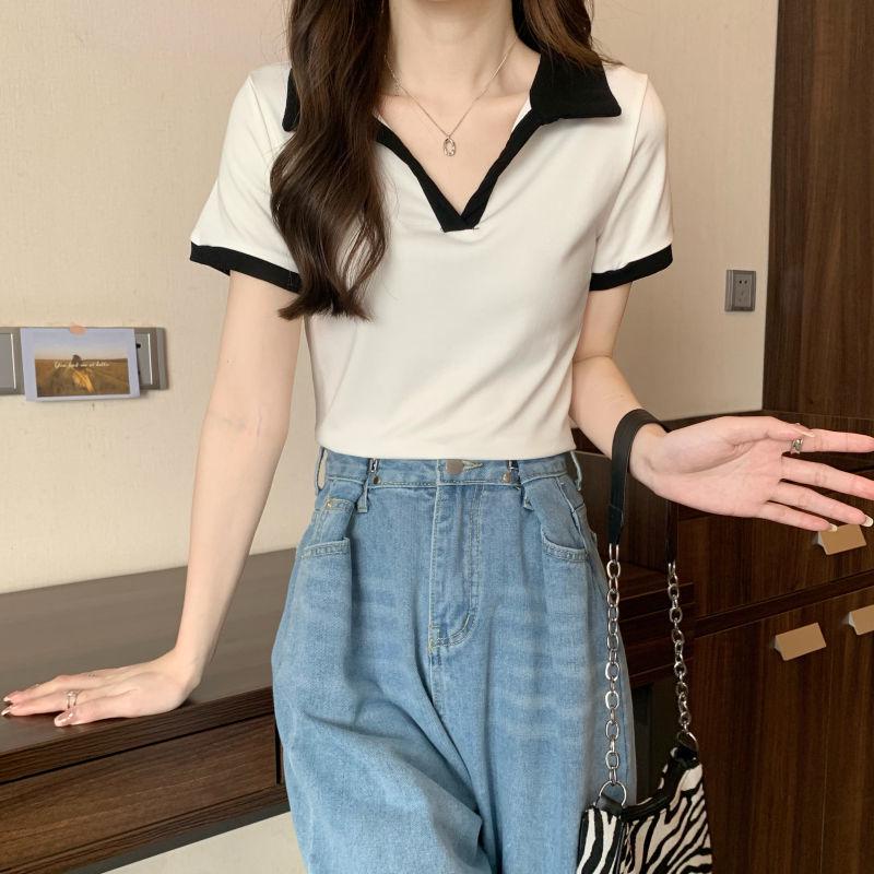 Women's Color Block Short Sleeve Polo Collar T-shirt - 2026 Summer Petite Chic Design