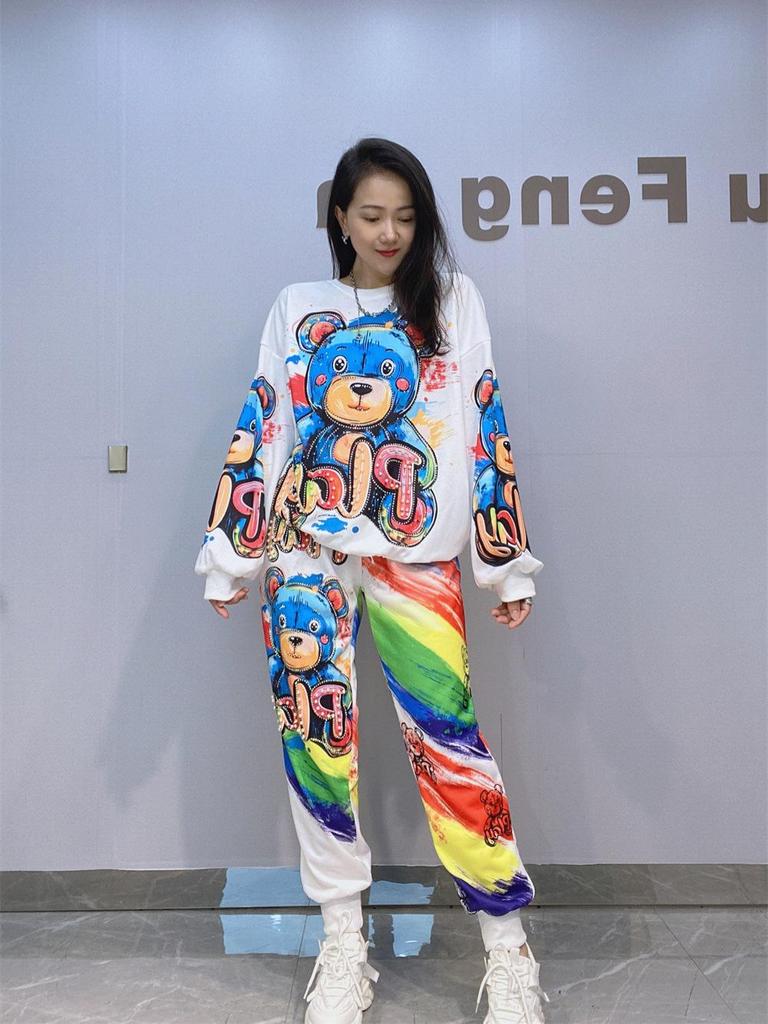 European & American Women's Autumn Round Neck Long Sleeve Hoodie and Pant Set with Rhinestone Print - Plus Size Available
