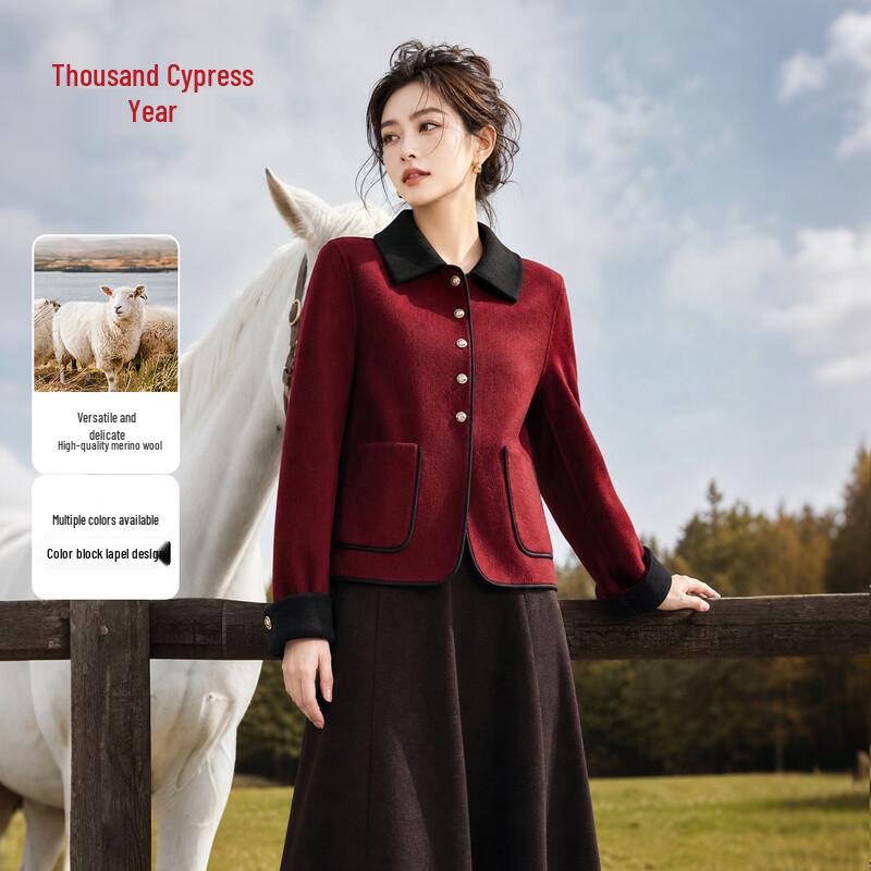 Qianbainian Women's Wool-Blend Color-Block Lapel Double-Faced Coat