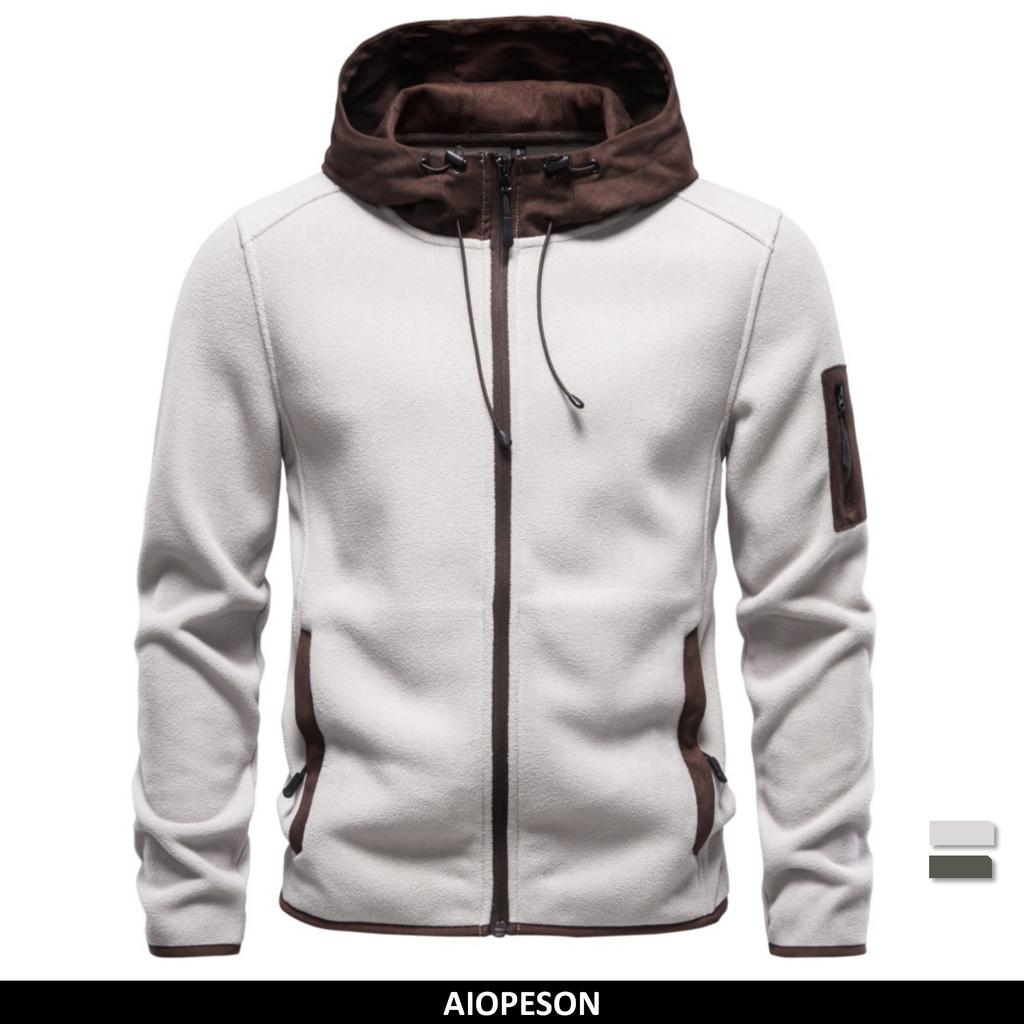 AIOPESON Men's Multi Pocket Hooded Fleece Jacket Full Zip Coat Suede Hood Zip Up Streetwear Autumn Winter Warm Outerwear