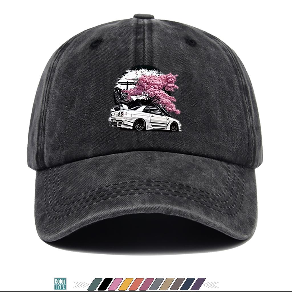 pc Cherry Blossom White Sports Car Print Baseball Cap Adjustable Snapback Hat Suitable for Streetwear Car Culture Road Tr