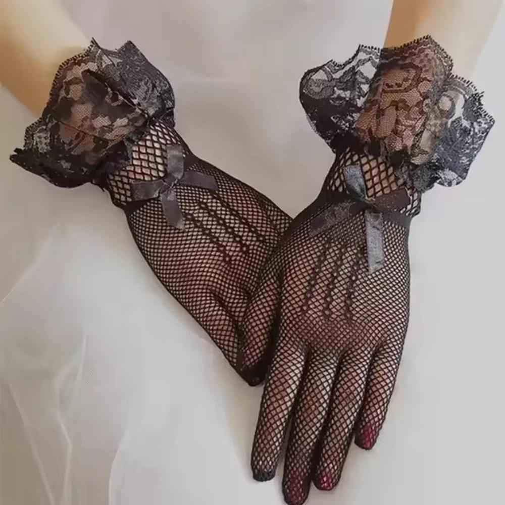 Damen Gothic Lolita Spitze Ausgeschnittene Handschuhe, Sexy Netz Dünn Elastisch Etikette Fäustlinge für Mädchen, Schwarz Weiß Punk Stil