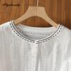 Korean Style Spring Summer Women White Blouse O Neck Hollow Out Embroidery Cotton Shirt Lantern Sleeve Elegant Feminine Blouse