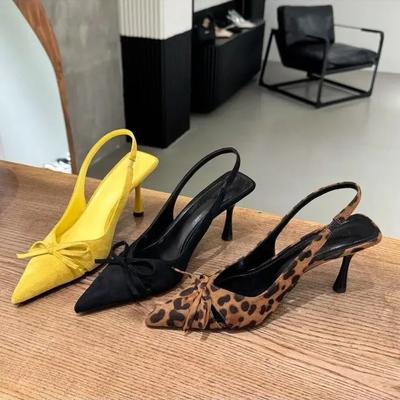 Fashion Women's Kitten Heels Slingbacks Sandals Leopard Genuine Leather Pointed Toe Party Wedding Shoes Woman Quality Pumps Bow