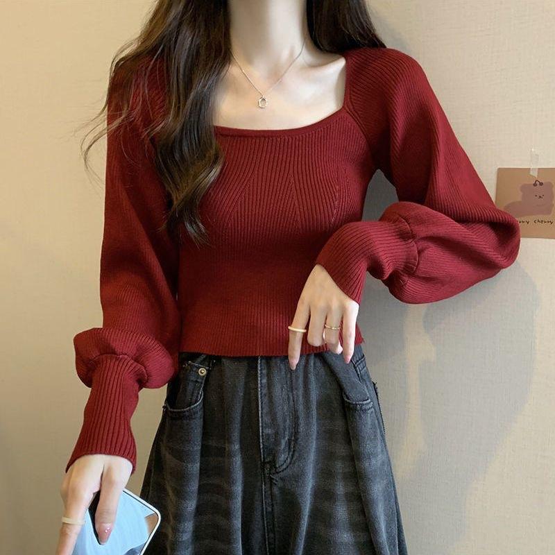 

Дизайн Натхненний Квадратним Вирізом, З Довгими Рукавами, Короткий Пуловер, В язаний Светр для Жінок На Весну та Осінь, Приталений та Універсальний Топ L червоний