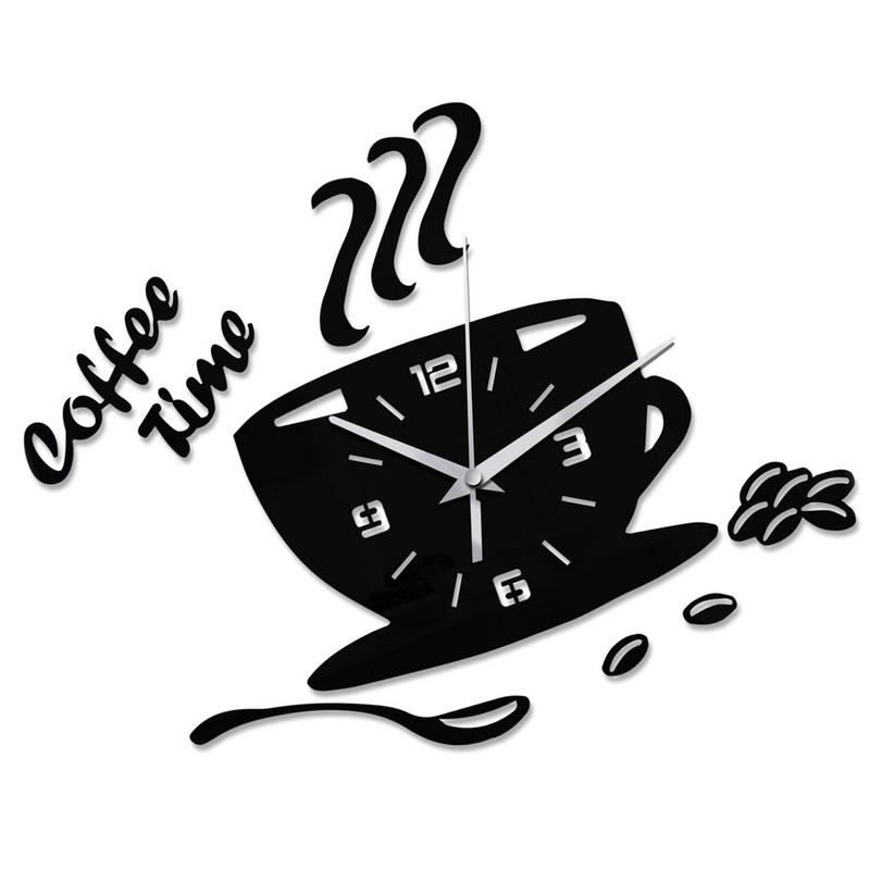 Horloges Murales 3D Miroir en Forme de Tasse à Café Design Moderne Autocollant d'Horloge Murale Créative Pour DIY Cuisine Salon Décorations de Maison