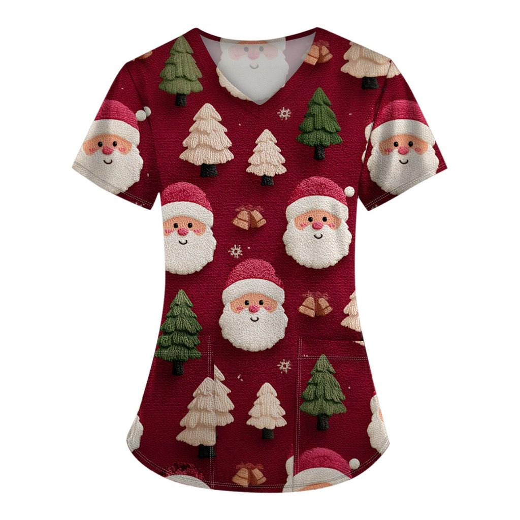 Women's Christmas Printing Short Sleeve V-neck Tops Working Pocket Blouse