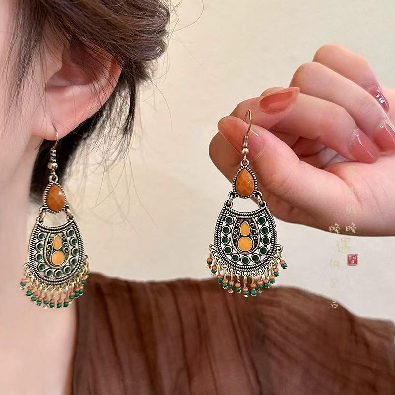Silver Needle Retro Ethnic Style Rattan Woven Bead Drop Earrings