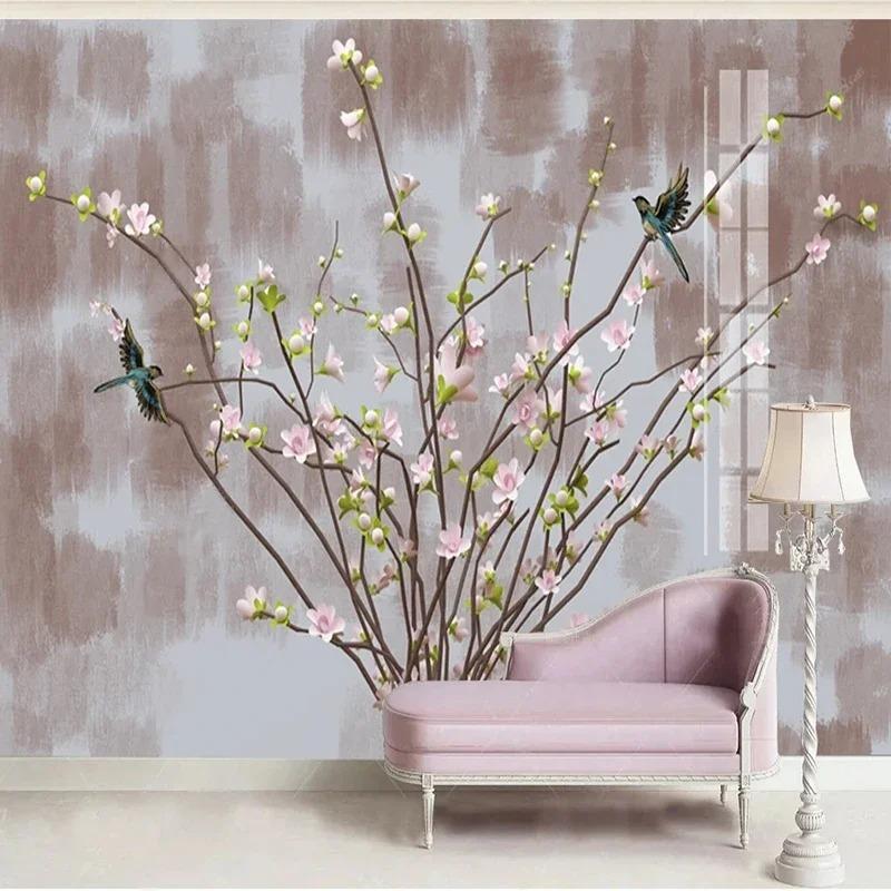 Photo Wallpaper Chinese Hand-painted Pink Flowers Murals Living Room TV Sofa Background Wall Painting 3D Decor Fresco
