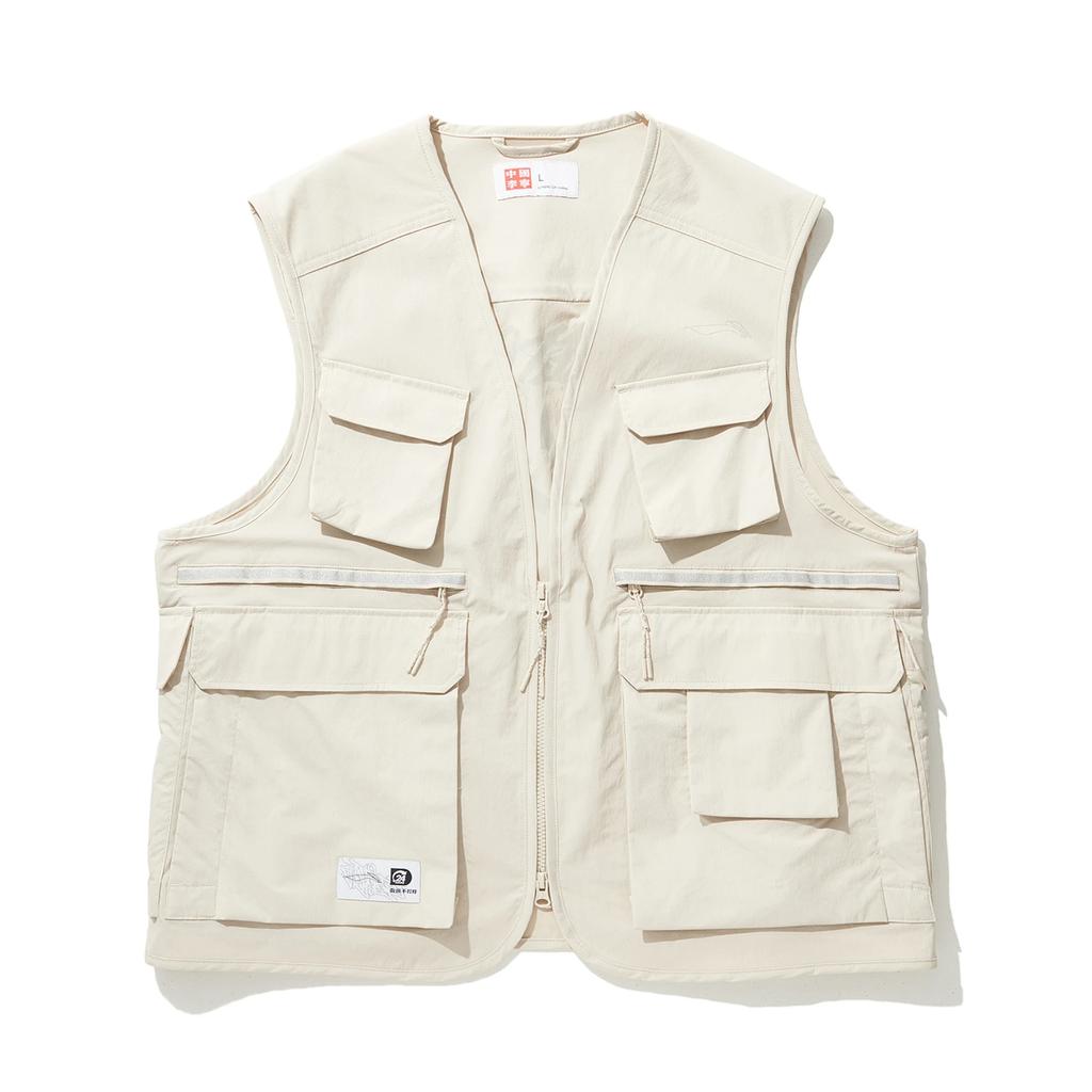 Li Ning Simple Versatile Letter Zipper Loose Vest Men Vests Oatmeal-Gray AMDU003-1
