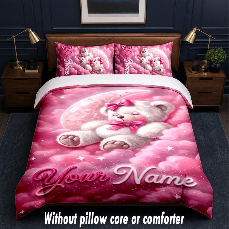 Teddy Bear Theme Custom Text Or Name 3Pcs Bedding Set,1 Flat Sheet & 2 Pillowcases Personalized Home Bedding