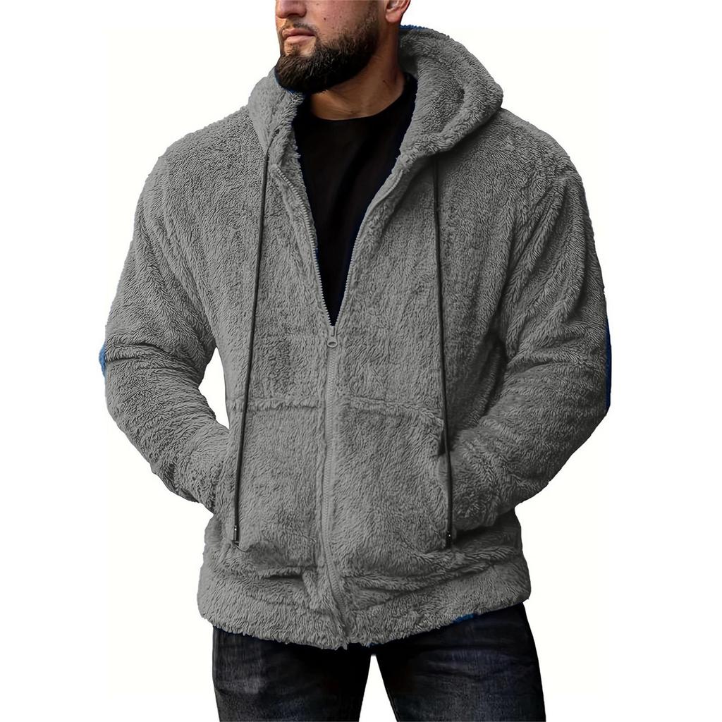 Fall Winter Men'S Hoody Coat Double Sided Plush Casual Loose Thermal Hooded Jackets Solid Color Zipper Pocket Jackets