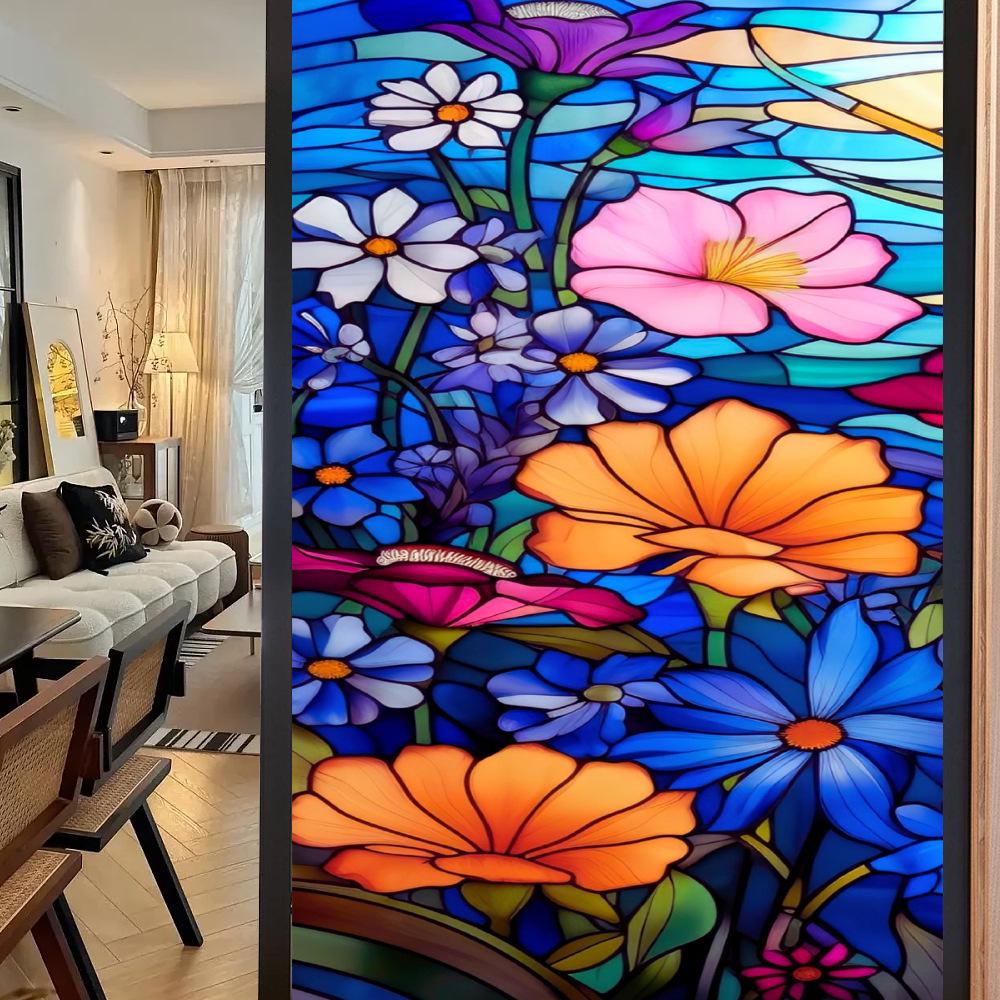 Colorful Retro Floral & Bird Static Cling Window Film - No Glue, Removable