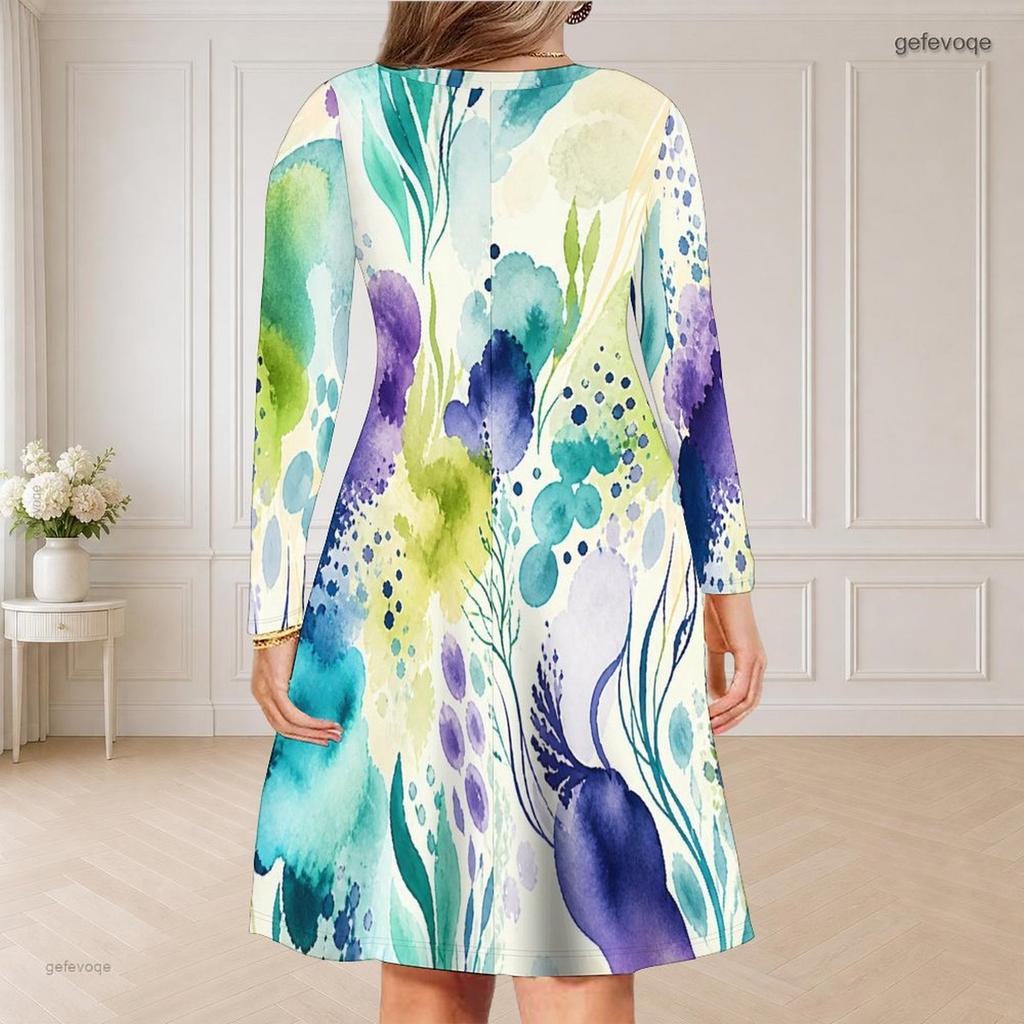 Women Plus Size V Neck Long Sleeve Blue Printed Curved Hem Dress