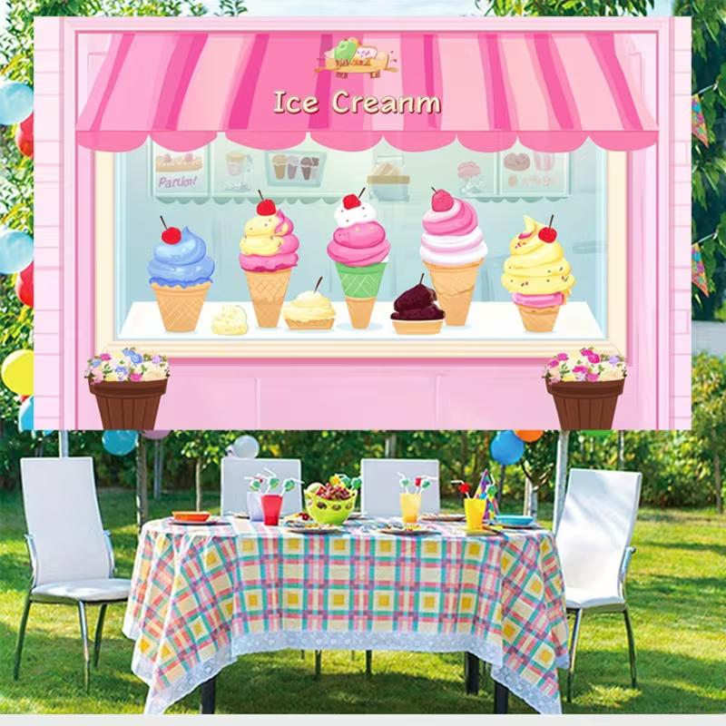 2D Cartoon Ice Cream Shop Wall Decor, Sweet Pink Ice Cream Parlor Tapestry for Home 47.2x31.5inch/120*80cm