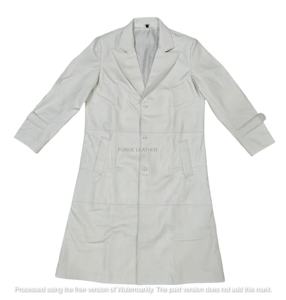 Handmade Formal Casual Workwear Stylish White Men Genuine Leather Trench Coat