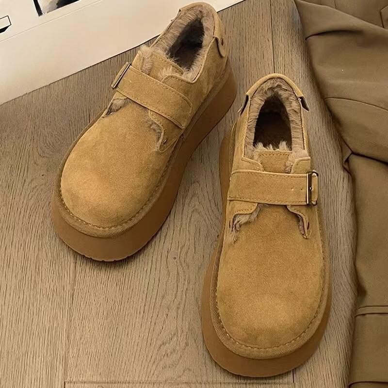 Semsket pels Plattform Dame Ankel Snøstøvler Flats Loafers Merke Plysj Varm Bomull Mellomhæler Sko Trend Mote Koselige Sko Botas Mujer