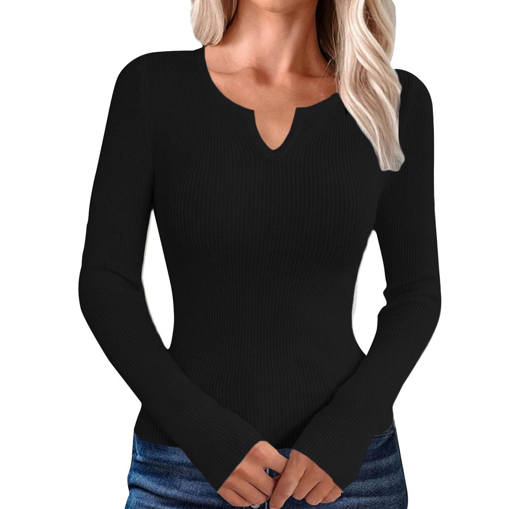 Women's Casual Solid Color V Neck Slim Button Knit Sweater Long Sleeved Base Sweater Sweater
