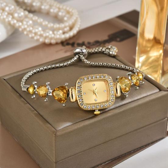 Women Rhinestone Bracelet Watch Small Square Dial Analog Quartz Wrist Watch Love Heart Chain Ladies Dress Watch with Adjustable