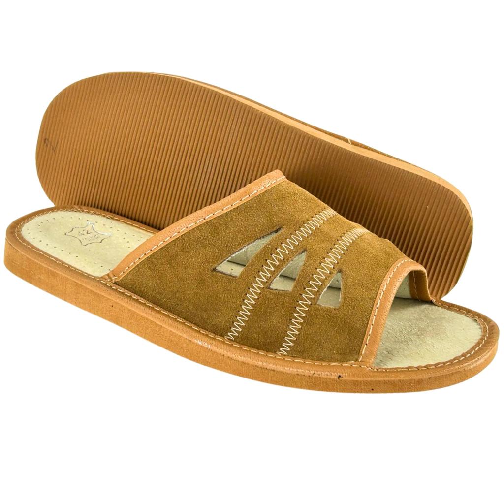 Light brown men's leather slippers, comfortable Men's slippers, house slippers 46