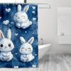 ~O~1pc Kawaii Chibi Animals Shower Curtain - White Fluffy Creatures, Blue Background, Hearts & Stars, 71x71 Inch,Polyester,12 Ho