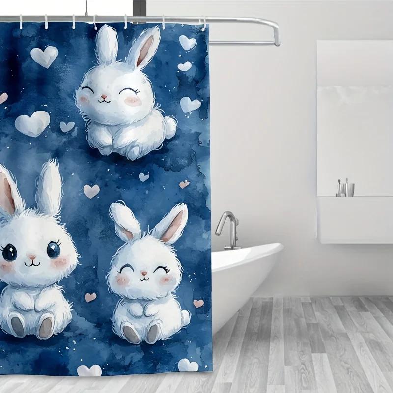 ~O~1pc Kawaii Chibi Animals Shower Curtain - White Fluffy Creatures, Blue Background, Hearts & Stars, 71x71 Inch,Polyester,12 Ho