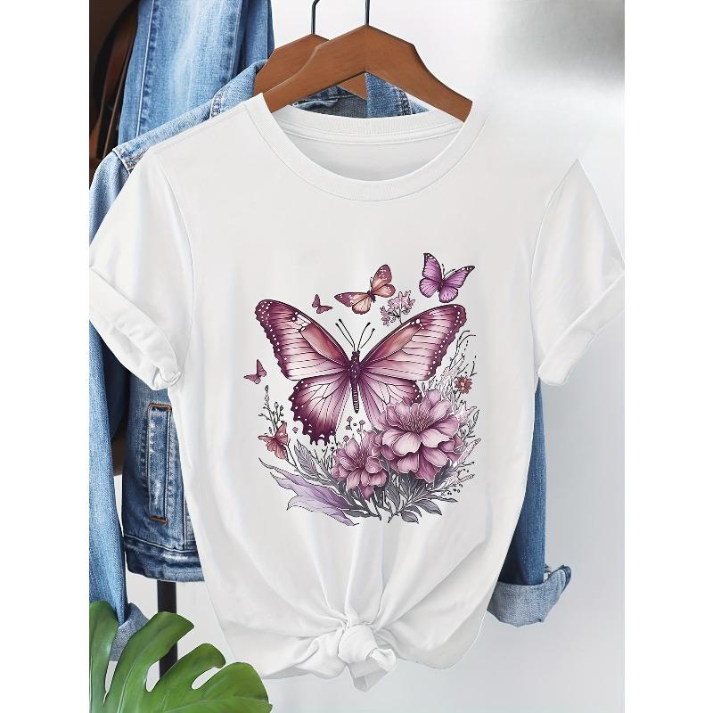 European Size European Size Purple-themed Butterfly and Floral Combination Print  Crew Neck Skin-friendly Breathable Casual Versatile Short S белый