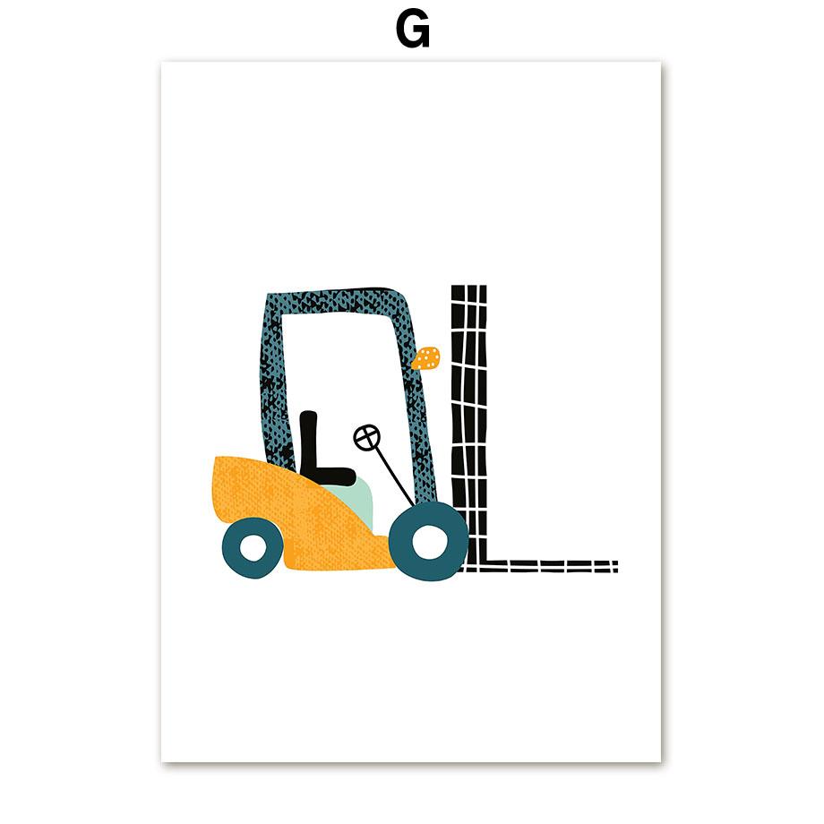 Crane Excavator Tractor Truck Alphabet Number Posters And Prints Canvas Painting Nordic Wall Art Pictures Kids Room Home Decor
