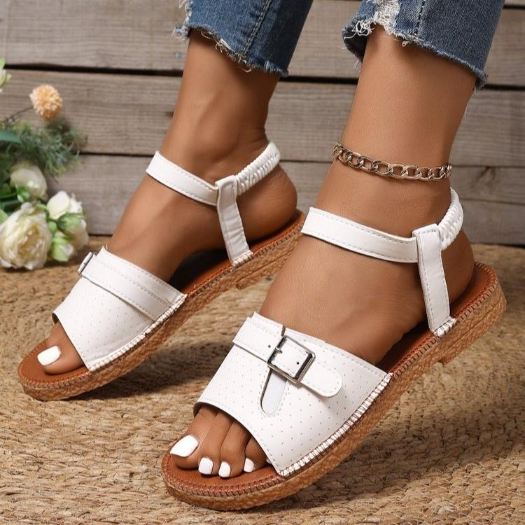 Foreign trade large size buckle flat bottom open toe casual sandals women 2025 summer elastic soft bottom beach sandals wish