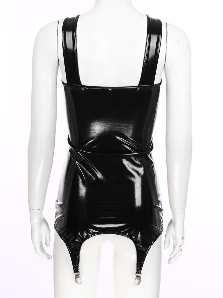 Dress with Garter Belt Women Sleeveless Patent Leather Mini Dress Bodycon Pencil Clubwear