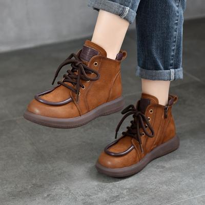 Botas curtas retrô de bico redondo e fundo plano, couro legítimo, zíper lateral, botas femininas