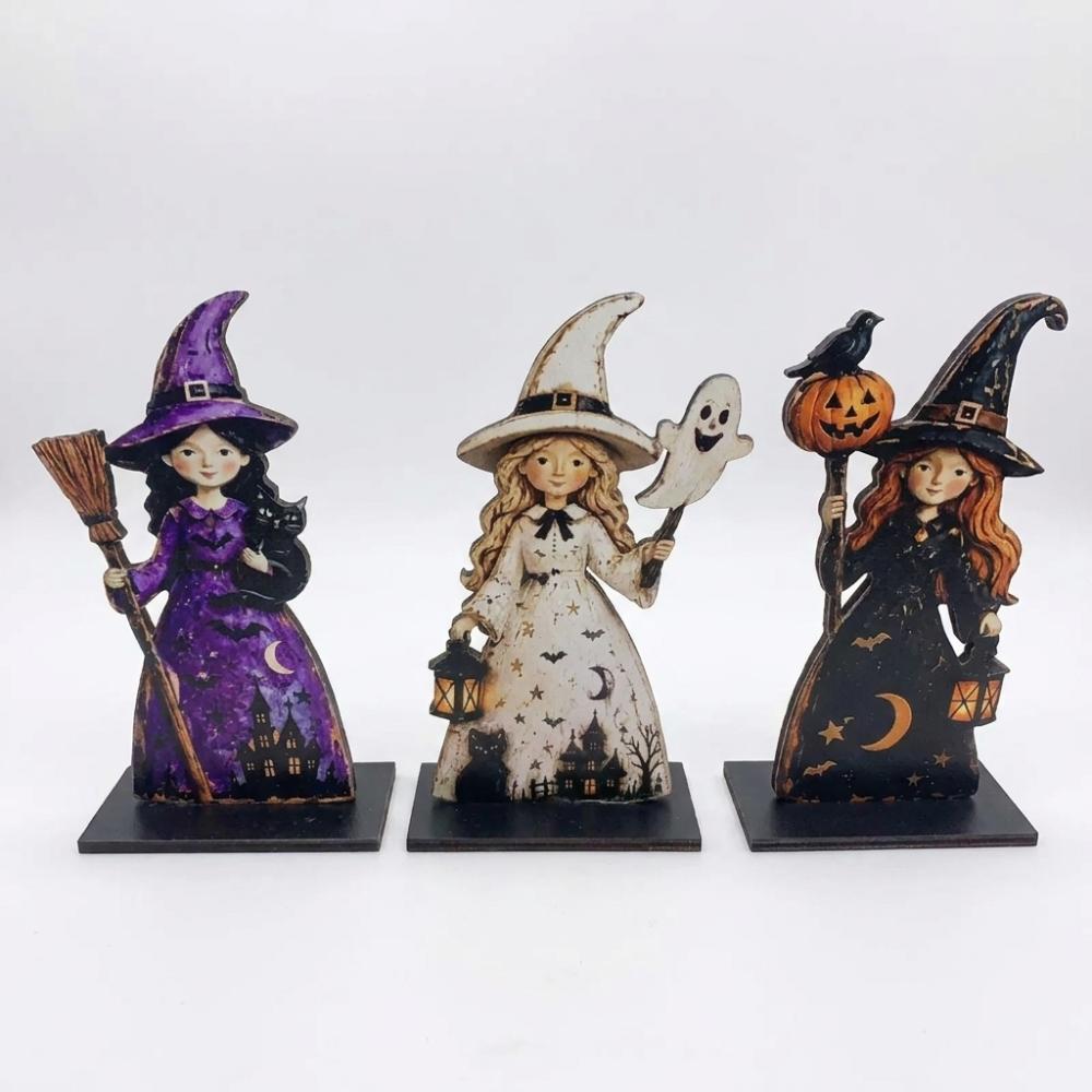 3Pcs 2D Flat Witch Ghost Tabletop Ornament Stable Base Pumpkin Ghost Craft Decor Thanksgiving