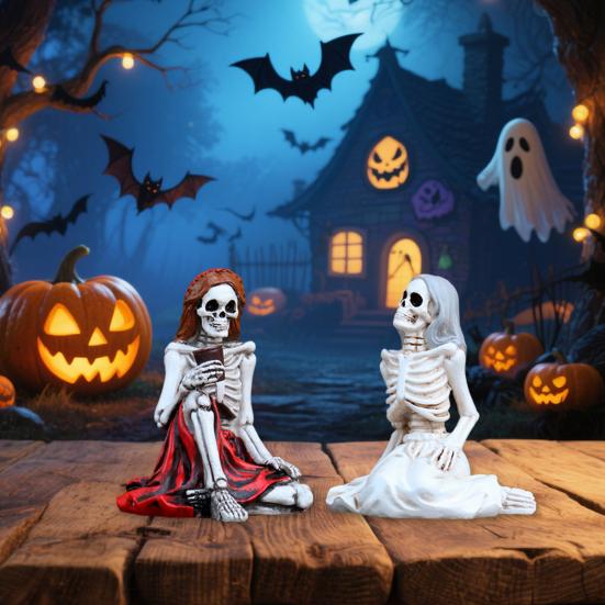 2 Pcs Skeleton Sisters Statue Resin Skeleton Girl Figurine Spooky Halloween Desktop Decoration for Haunted House Home Garden Decor