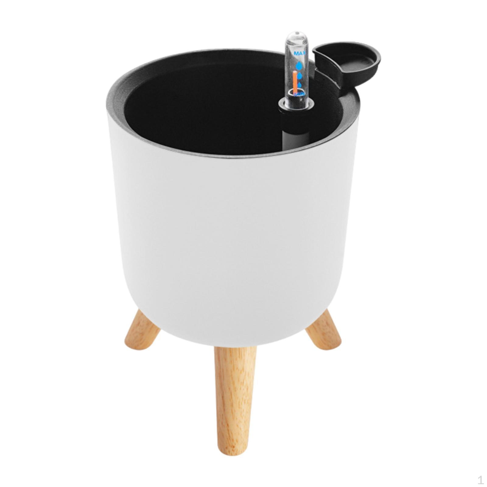 

Flower Pot Self Watering Decorative Planter Water Level Indicator Wooden Feet Removable Inner White 14x13cm