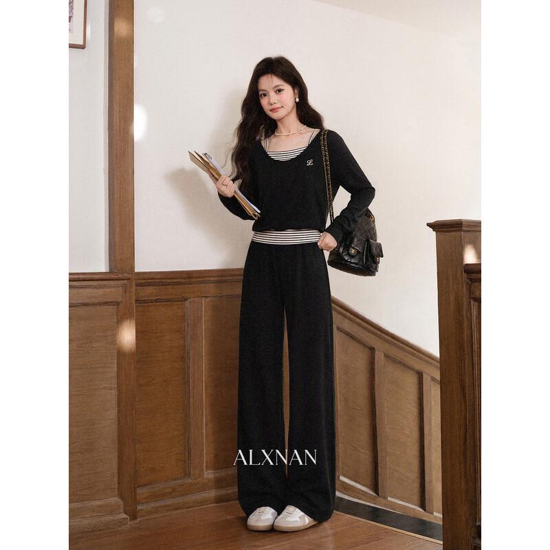 Luxiangnan Women's Faux-Layered Striped Long-Sleeve T-Shirt