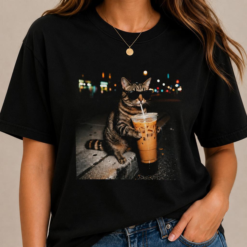 Cat Drinking Iced Coffee Shirt Funny Coffee Lover Cat Tee