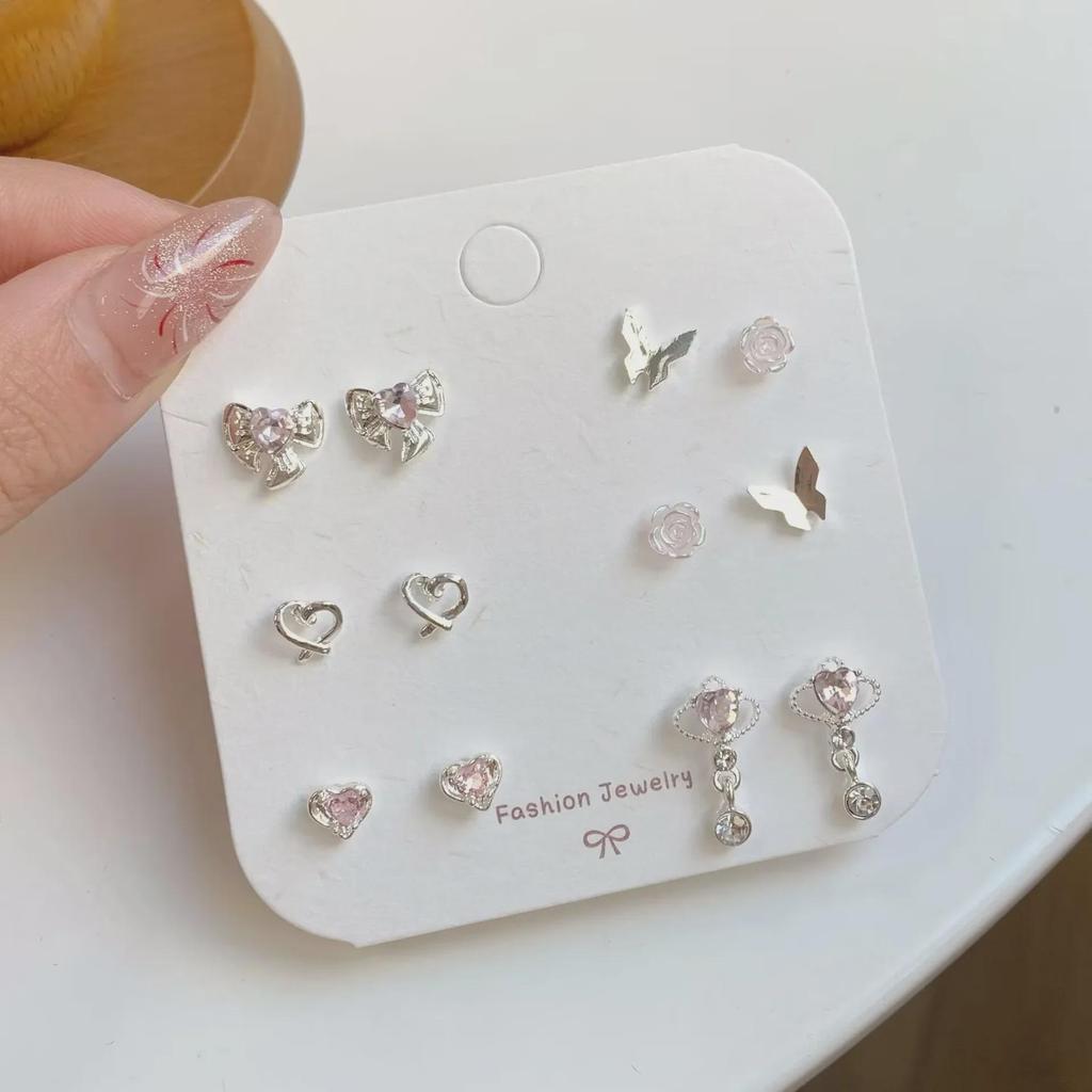 Aurora Pink Diamond Silver Needle Earrings Set - Unique Planet Pendant Design for a Touch of Timeless Elegance.