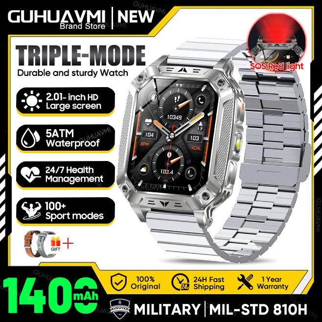 New Outdoors Durable Military Men Smart Watch 1400mAh battery 5ATM Swim LED flashlight+SOS Red Light Sports Call Smartwatch
