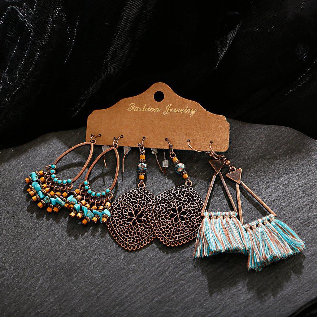 Bohemian Ethnic Retro Earring Set: 3-Piece Hanfu & Nepal Style for Women