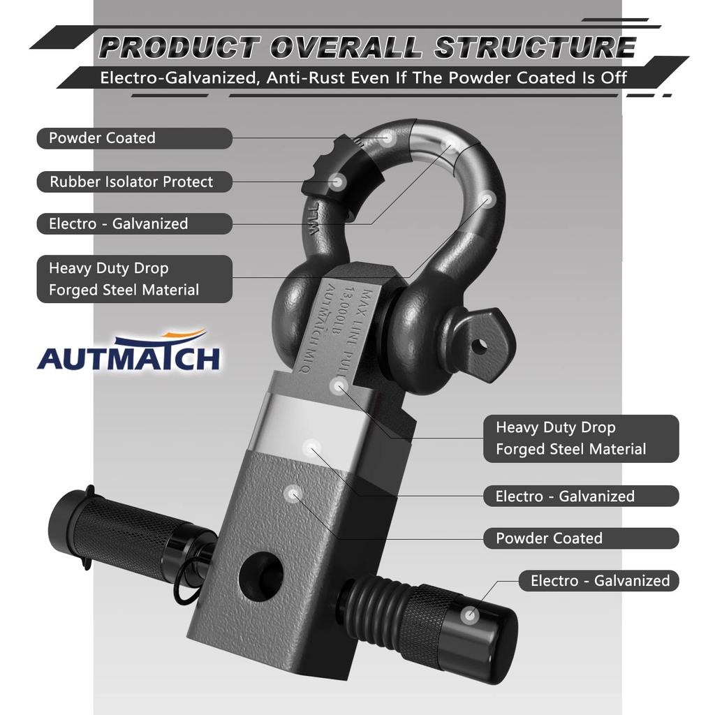 AUTMATCH Schäkel Anhängerkupplungsaufnahme mit und Schäkeln und Anhängerkupplungsschloss Fahrzeugbergungsempfänger-Kit mit einem kg Bruch Gunmetal Grau 2" 7" D-Ring 6"