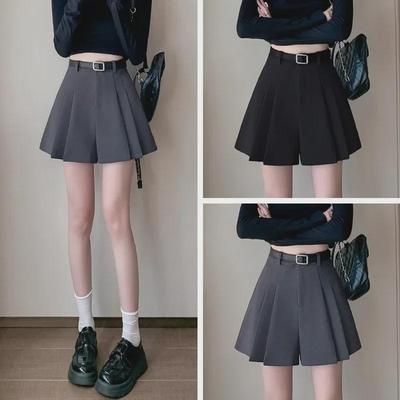 Pantalones cortos de traje casual de cintura alta grises para mujer y pantalones de falda holgados de pierna ancha - Colección Verano 2024