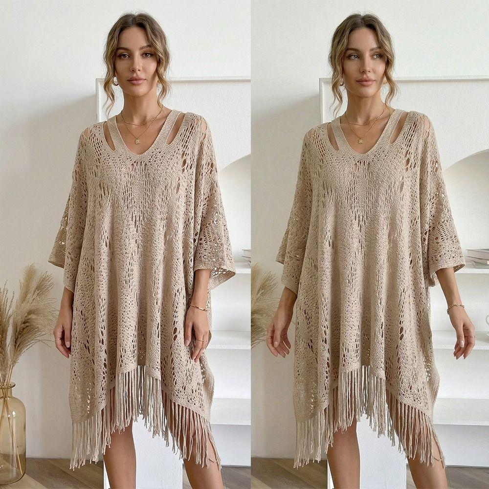 Sun Protection Knit Hollow Out Top Plus Size Crochet Top Women Solid Color Summer Beach Cloak Lady