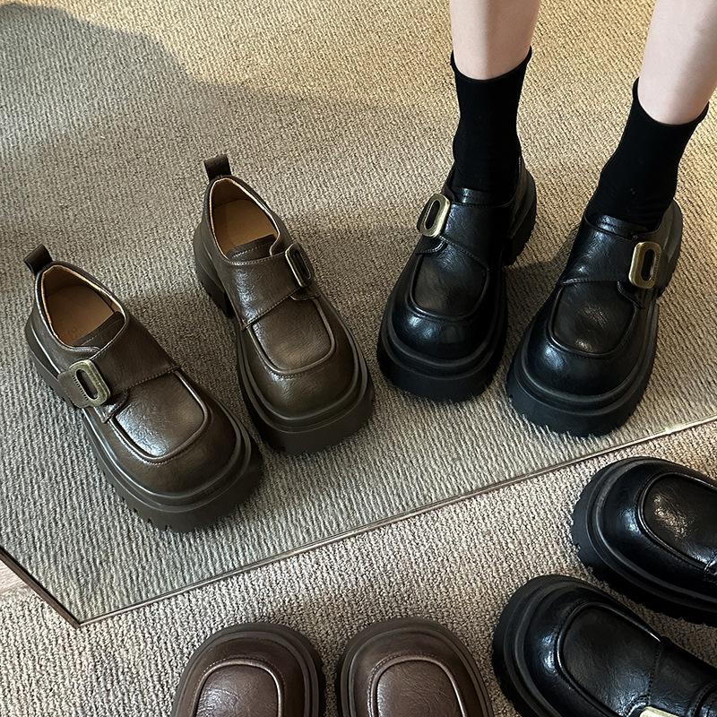 College style loafers women's 2025 spring and autumn new thick-soled heightening black small leather shoes thick heel British style single shoes women