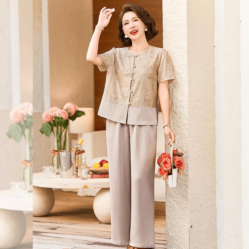 Datang Furen Elegant Embroidered Short-Sleeve Wide-Leg Pants Set 4XL