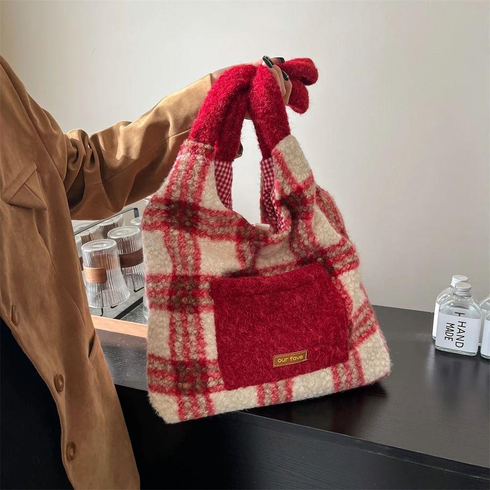 Fashionable Women's Shopping Bag Plaid Printed Plush Patchwork Bag Plush Shoulder Bag Girls