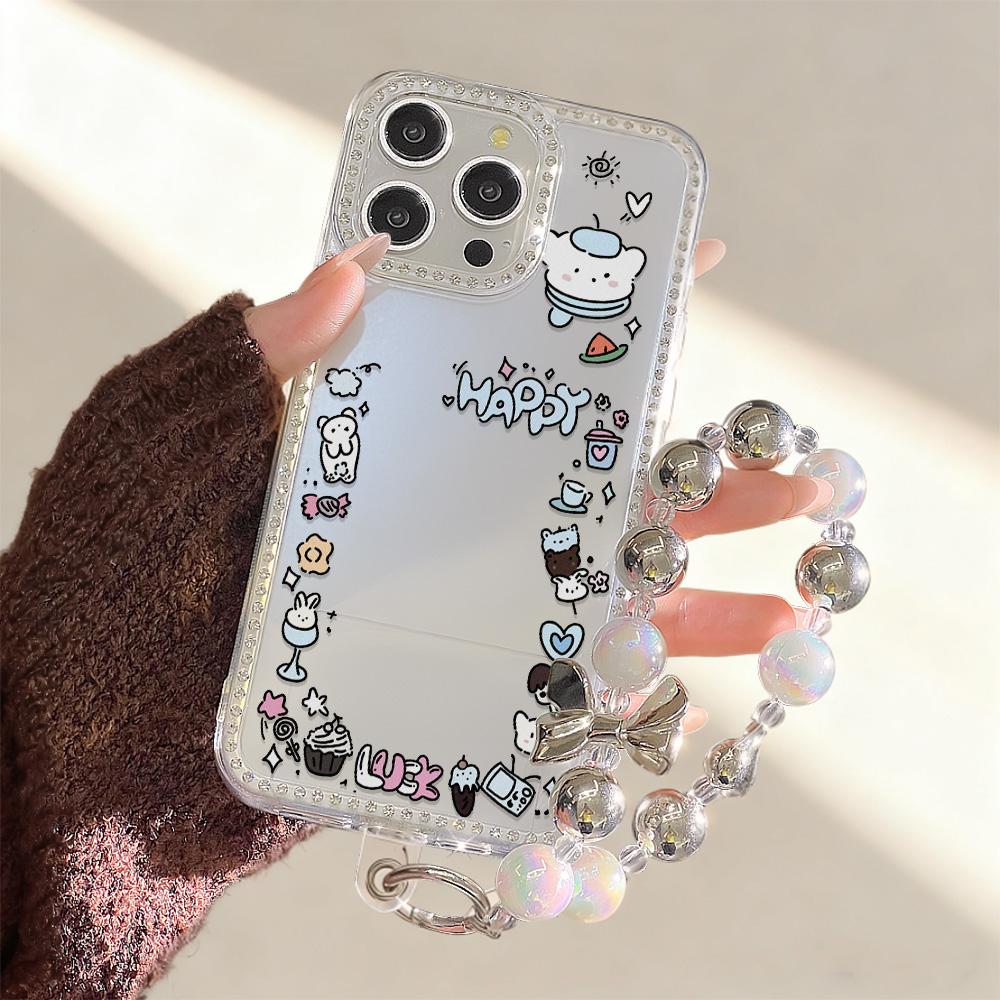 Bracelet Chain Phone Case For iPhone 17 16 15 13 14 for 17Air 17 12 14 16 Pro 17 14 16 Pro Max Sparking Diamond Cute Pattern Hard Cover With Lanyard