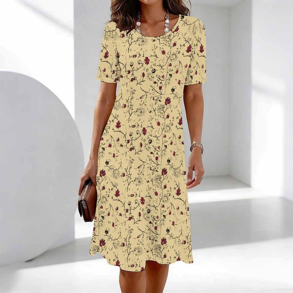 Damenmode Anmutig Schön Eine Knospe Kurz Vor Dem Aufblühen Sommer Frühling Kurzarm O-Ausschnitt Freizeitkleider