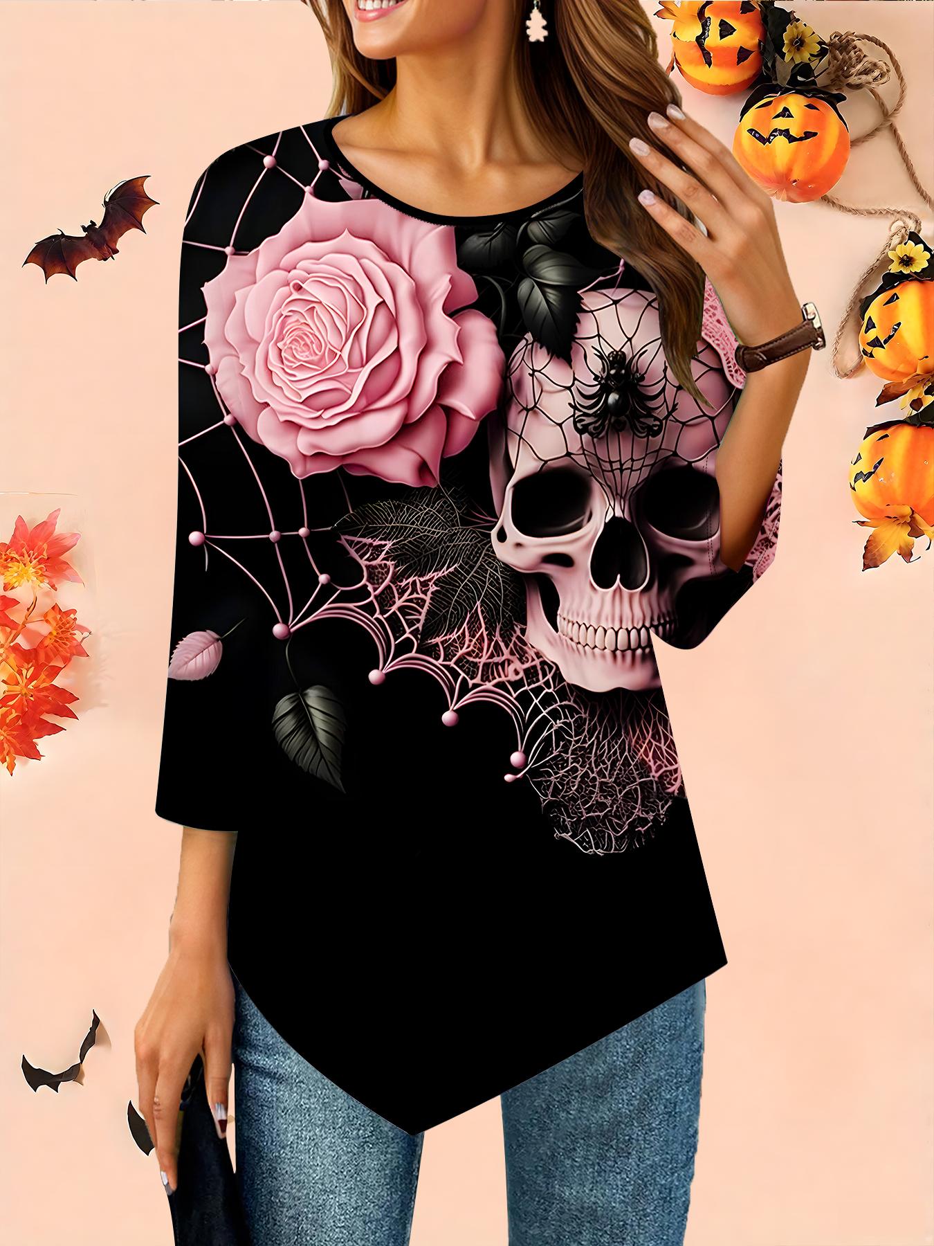 

Женская свободная футболка с круглым вырезом и рукавом три четверти, 3D-рисунок на Хэллоуин, идеальный подарок на Хэллоуин и Рождество XS розовый