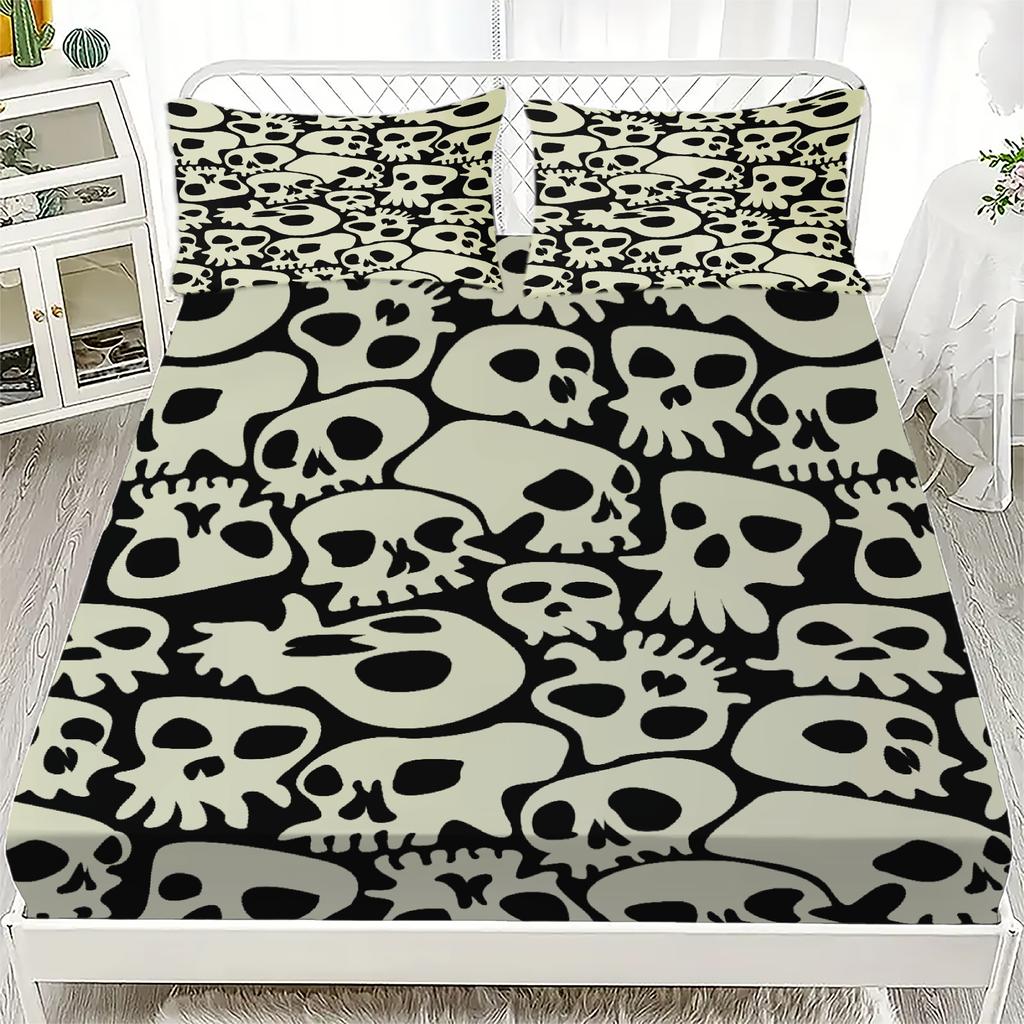 3pcs Fitted Sheet Set Gothic Style Skull Flowers Print 100% Polyester Breathable Bedding Set for Home Decor with 2 Pillowcases