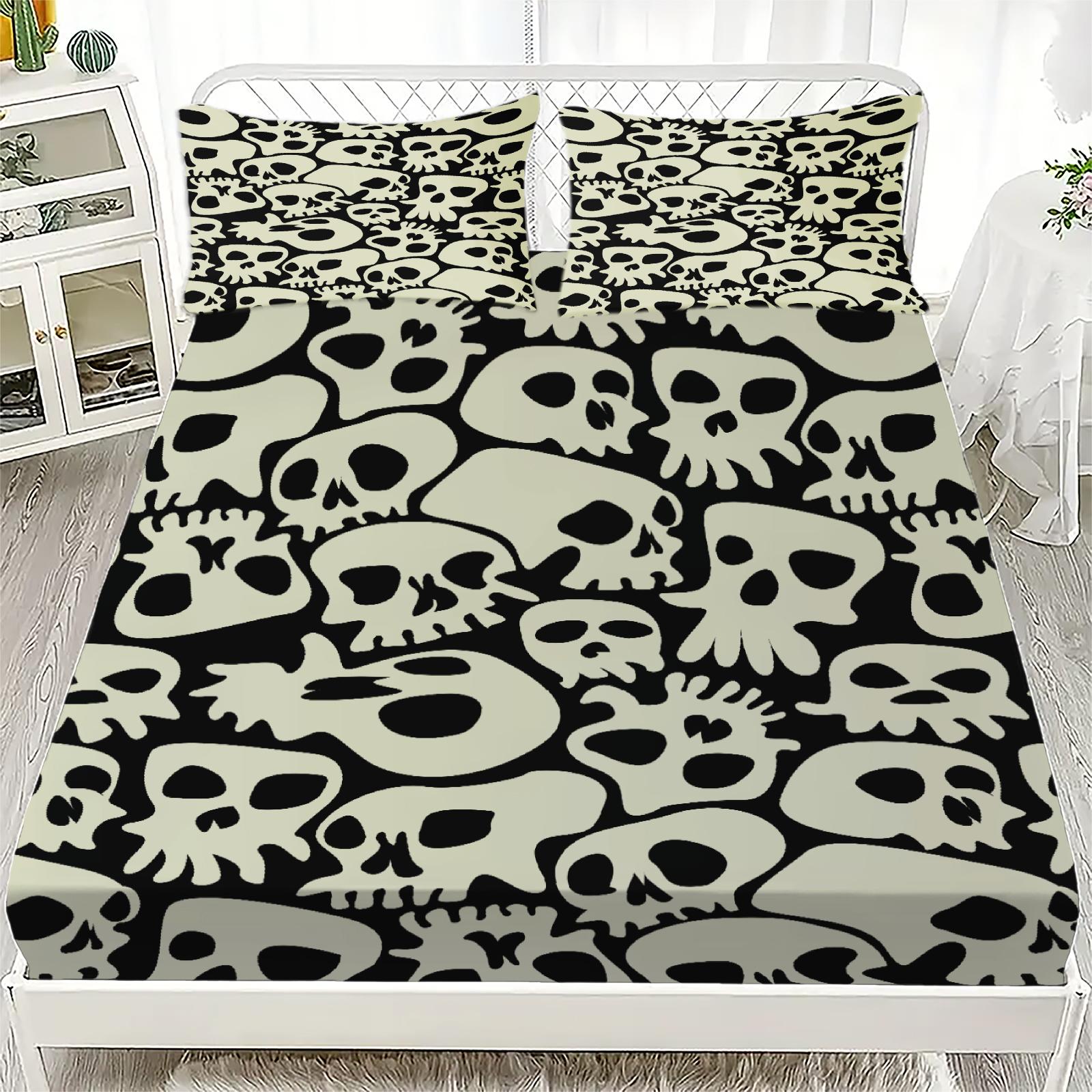 

3pcs Fitted Sheet Set Gothic Style Skull Flowers Print 100% Polyester Breathable Bedding Set for Home Decor with 2 Pillowcases 99x190x25cm